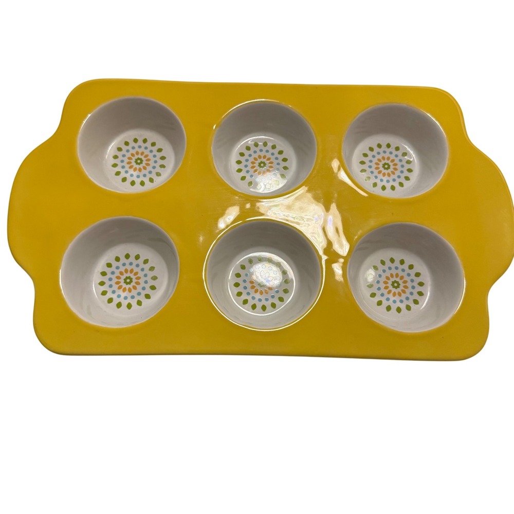 World Market Yellow Ceramic 6 Cup Muffin Pan Floral Medallion Stoneware
